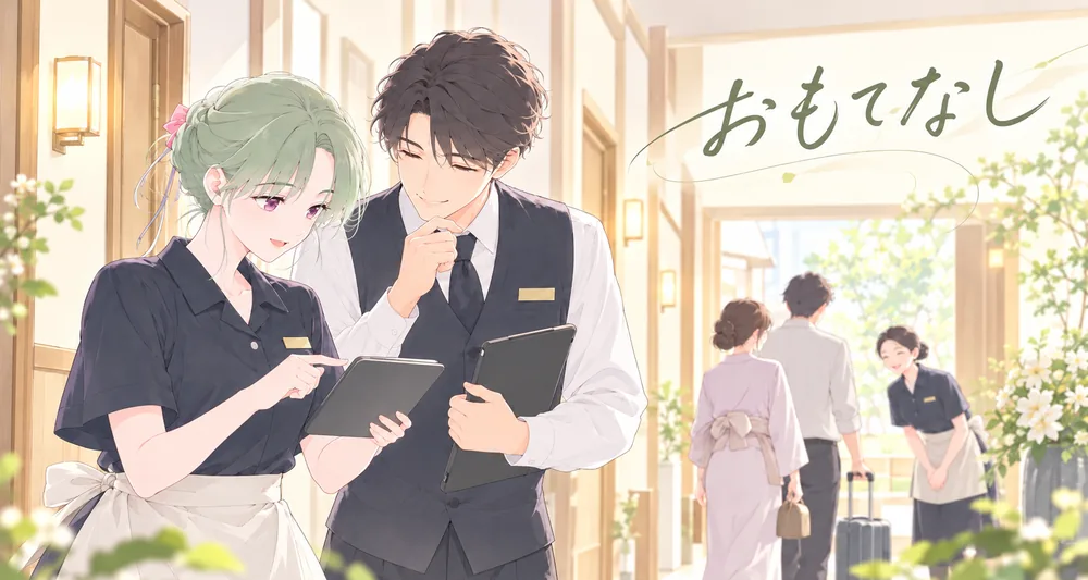 旅館の廊下で、タブレットを見ながら話すスタッフ2人と、お客様を迎えるスタッフのイラスト。「おもてなし」の文字