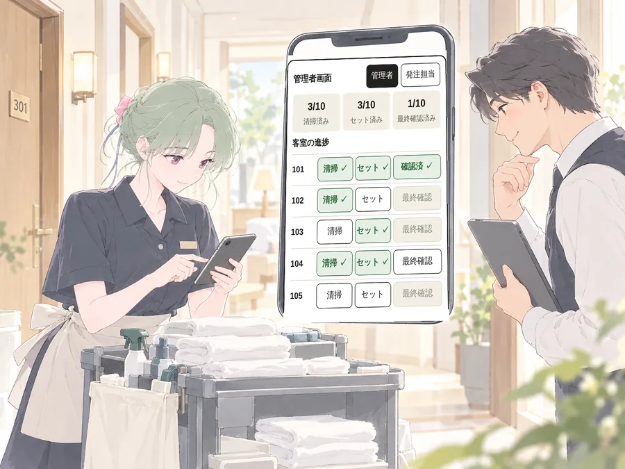 清掃ワゴンの横でスマホを操作する清掃スタッフと、それを見る管理者のイラスト。スマホの中は試作デモの管理者画面